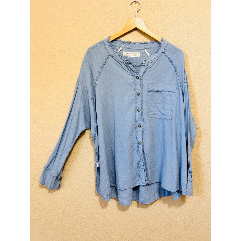 Free People Small We The Free Linen Blend Button Down Blue Boho Oversized Shirt